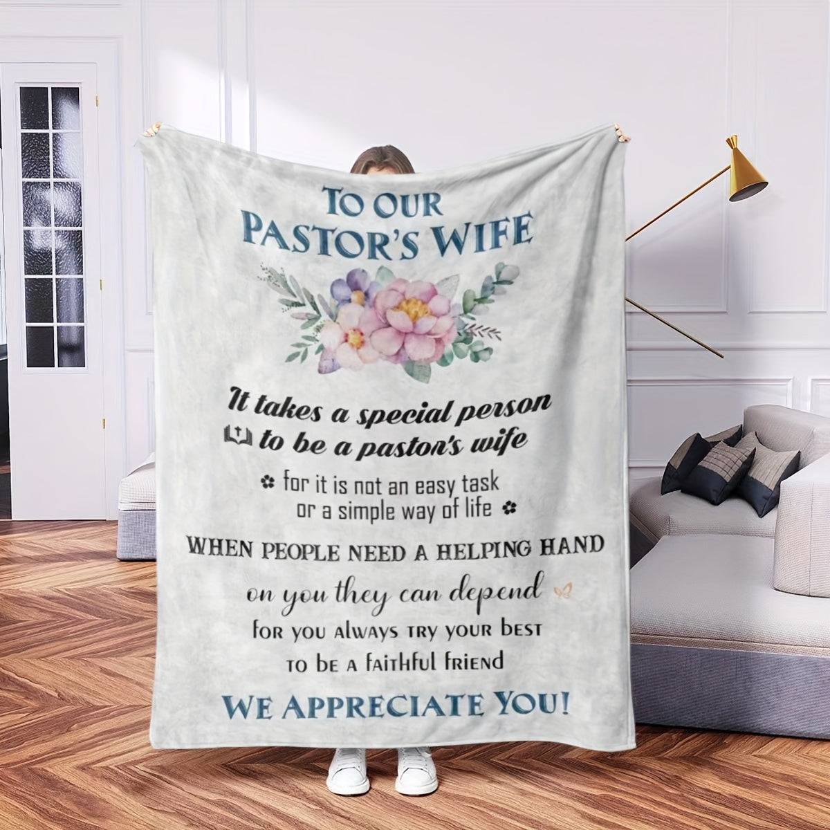 Pastor's Wife Appreciation Gift: Soft Flannel Fleece Blanket - Christian Religious Clergy Spouse Birthday Present - Stain Resistant All-Season Knit Polyester - Digital Print - Size: 127.0cm x 152.4cm.