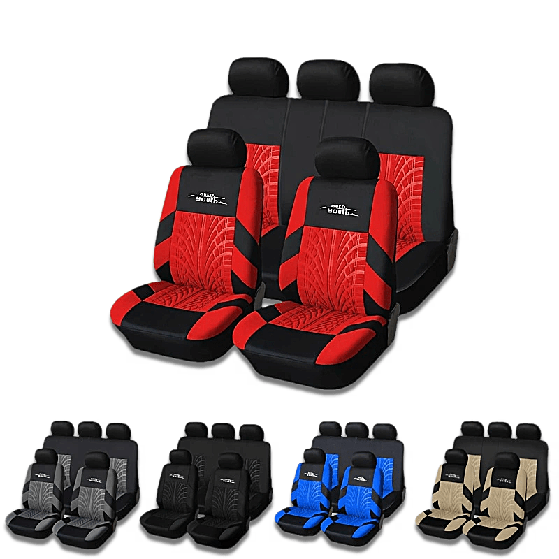 Polyester car seat cover for 5-seater vehicles, breathable and stain-resistant, with tire tread design. Fits sedans and SUVs.