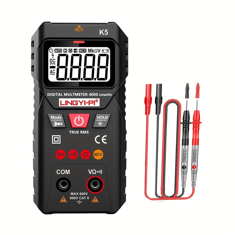 4000V digital multimeter with automatic/manual modes for AC/DC voltage and resistance testing. Made of plastic, battery powered (batteries not included). High precision of 0.1, suitable for