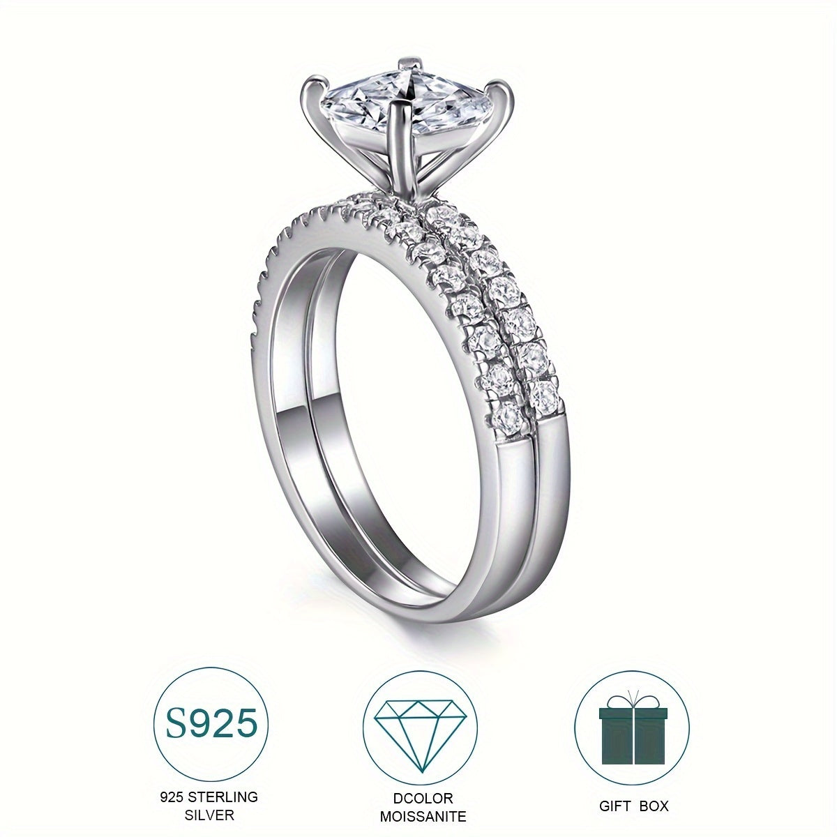 Hypoallergenic 925 Sterling Silver 1ct Moissanite Square Stacking Ring - Perfect for Women's Engagement, Proposal, or Wedding Band. Luxury Valentine's Day Gift Set includes Moissanite Certification and Exquisite Gift Box.