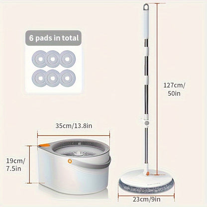 The Spin Mop Set comes with 6 cloths and a bucket, making hand washing unnecessary. It has a convenient press and spin mechanism, perfect for cleaning bedrooms, kitchens, bathrooms, and beyond.