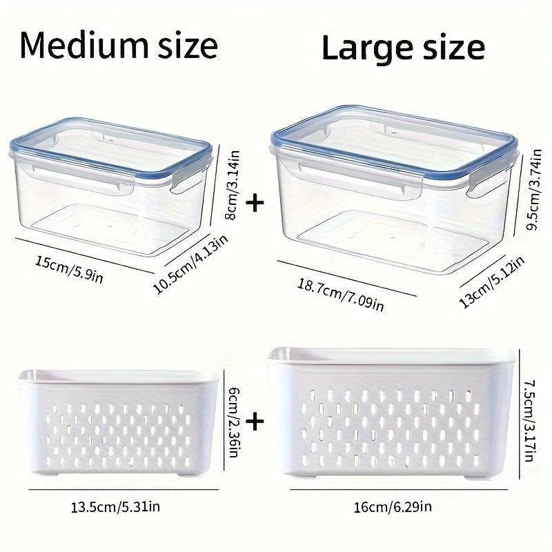 Durable plastic kitchen organizer, the 2-in-1 Refrigerator Storage Bin features a double layer draining basket with lid. This multifunctional container is ideal for storing fruits, vegetables, and meat, keeping them fresh in a transparent sealed box.