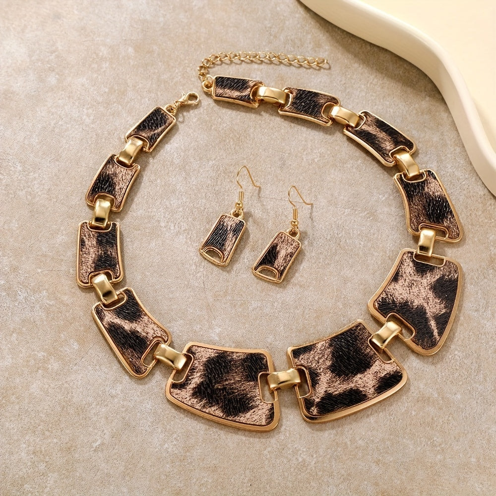 Set of 3 Leopard Print Earrings and Necklace, Fashion Jewelry in 18k Gold Plating, Perfect for Daily Outfits and Night Club Decor