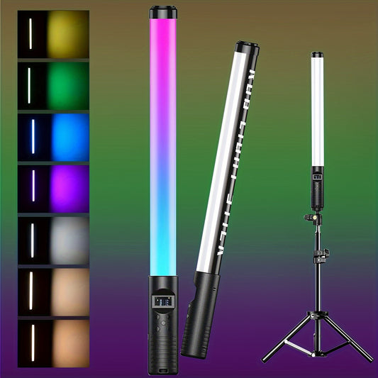 Handheld RGB video stick light with adjustable color temperature and CRI 95+, built-in battery, tripod stand, and dimmable panel for various uses.