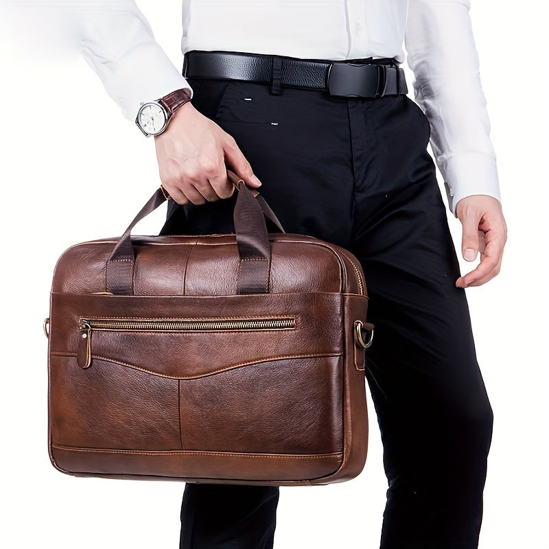 Large capacity laptop messenger bag made with genuine brown top grain cowhide leather for work and travel.