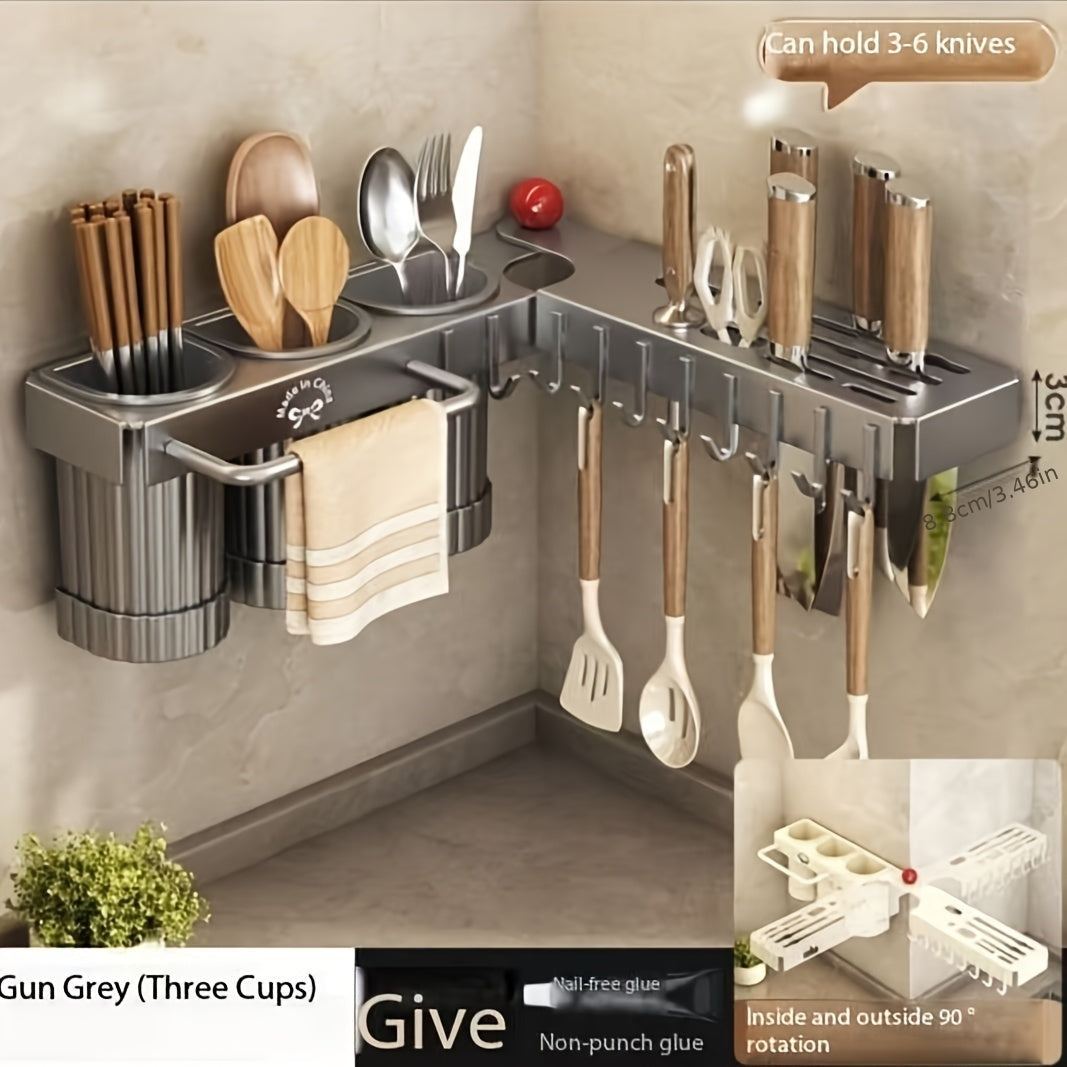 Luxurious Foldable Corner Kitchen Utensil Holder, Upgraded Design with Carbon Steel Material, Wall-Mounted Organizer for Cutlery and Spoons. Includes Drain Storage Cups and Towel Bar, No-Drill Installation option available.