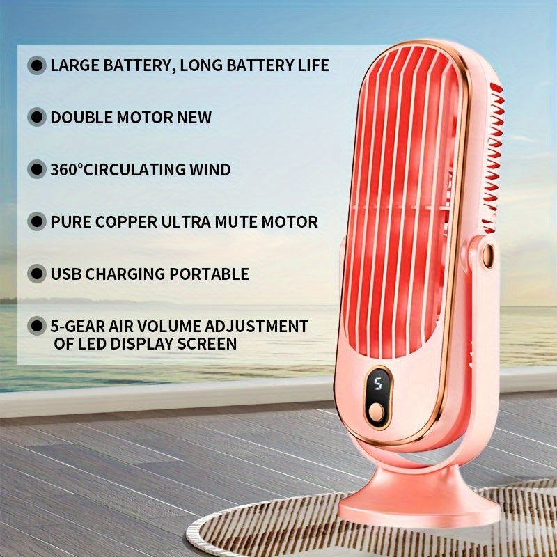 Ideal Gift for Christmas & Valentine's Day - Portable Dual Motor Fan with Large Battery, 5-Speed Table Fan featuring 720° Oscillation, USB Rechargeable Plastic Fan with Built-in Lithium Battery, Perfect for Home, Office, Travel, Camping, Indoor & Outdoor