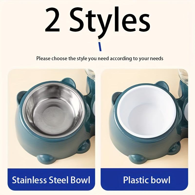 Automatic pet feeder with water dispenser, stainless steel bowls, neck protection, no charging or batteries needed.