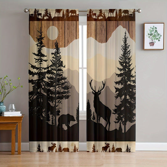 Rustic Forest Animal Curtains Set of 2 - Featuring Vintage Bear & Deer Design, Made of Semi-Transparent Polyester Fabric with Rod Pocket for Easy Hanging, Fade-Resistant Material Ideal for Living Room and Bedroom Decor, Perfect Curtains for any Living