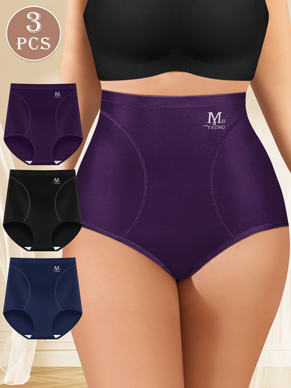 3pcs MEIYATING High Waist Shaping Panties for Women in black, purple, and navy colors. Features tummy control, comfort, and skin-friendly polyester blend. Ideal for autumn and winter.