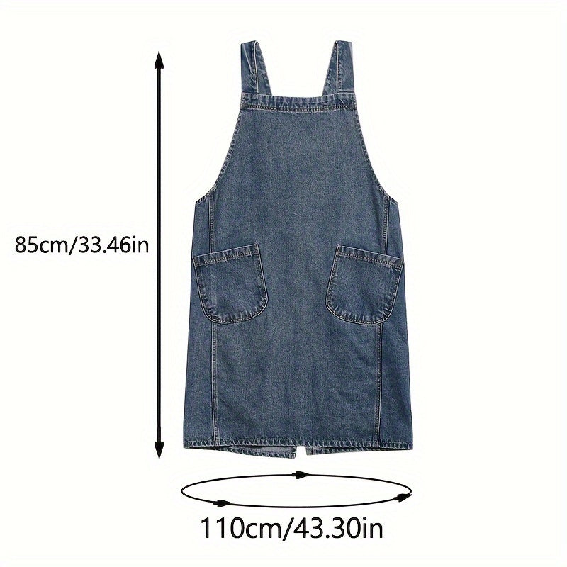 Vintage-style denim apron with pockets, adjustable straps, and waterproof design for kitchen and restaurant work.