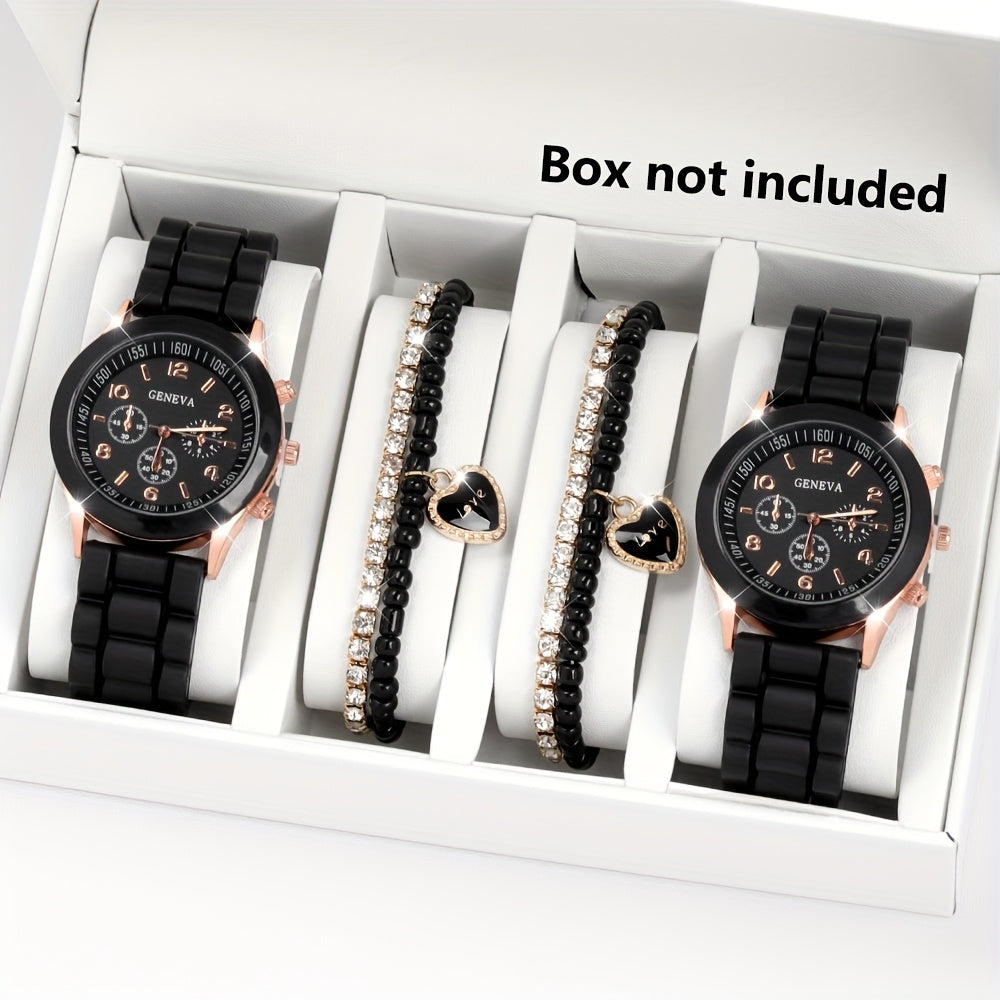 4-piece Fashion Couple Quartz Watch Set with Colorful Love Magnetic Necklace, Personalized Number Scale Round Dial and Simple Soft Strap. Ideal gift for couples, perfect for Valentine's