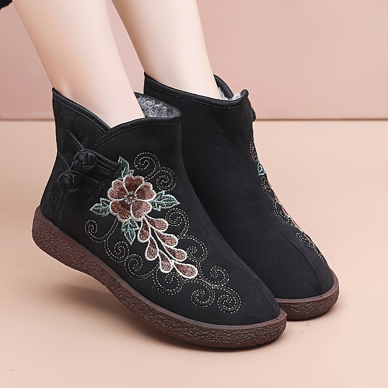 Women's Winter Warm Fleece-Lined Ankle Boots with Chinese Style, Round Toe, Buckle Closure, Floral Pattern, Fabric Upper, Faux Sole/Insole.