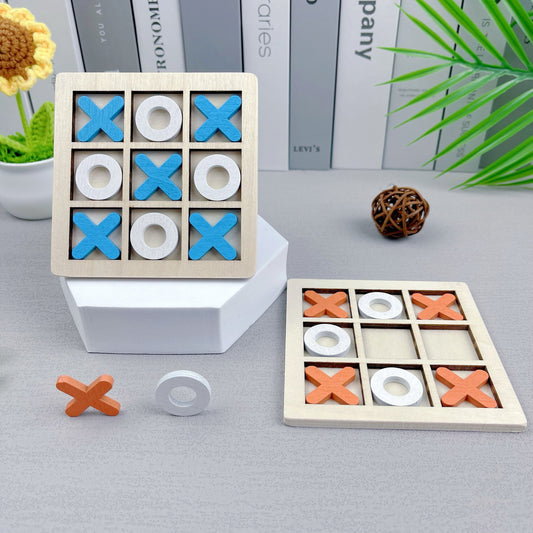 Educational, dual-player Tic Tac Toe game with wooden XO pieces in assorted colors.