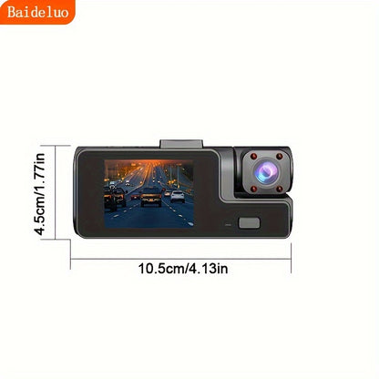 Baideluo three-lens video dashcam records in front and inside the car simultaneously in 1080P HD quality, with night vision and reversing image feature.