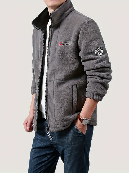 Men's casual fleece-lined jacket with stand collar, embroidery, zip-up cardigan, and warm knit fabric for fall/winter sports.