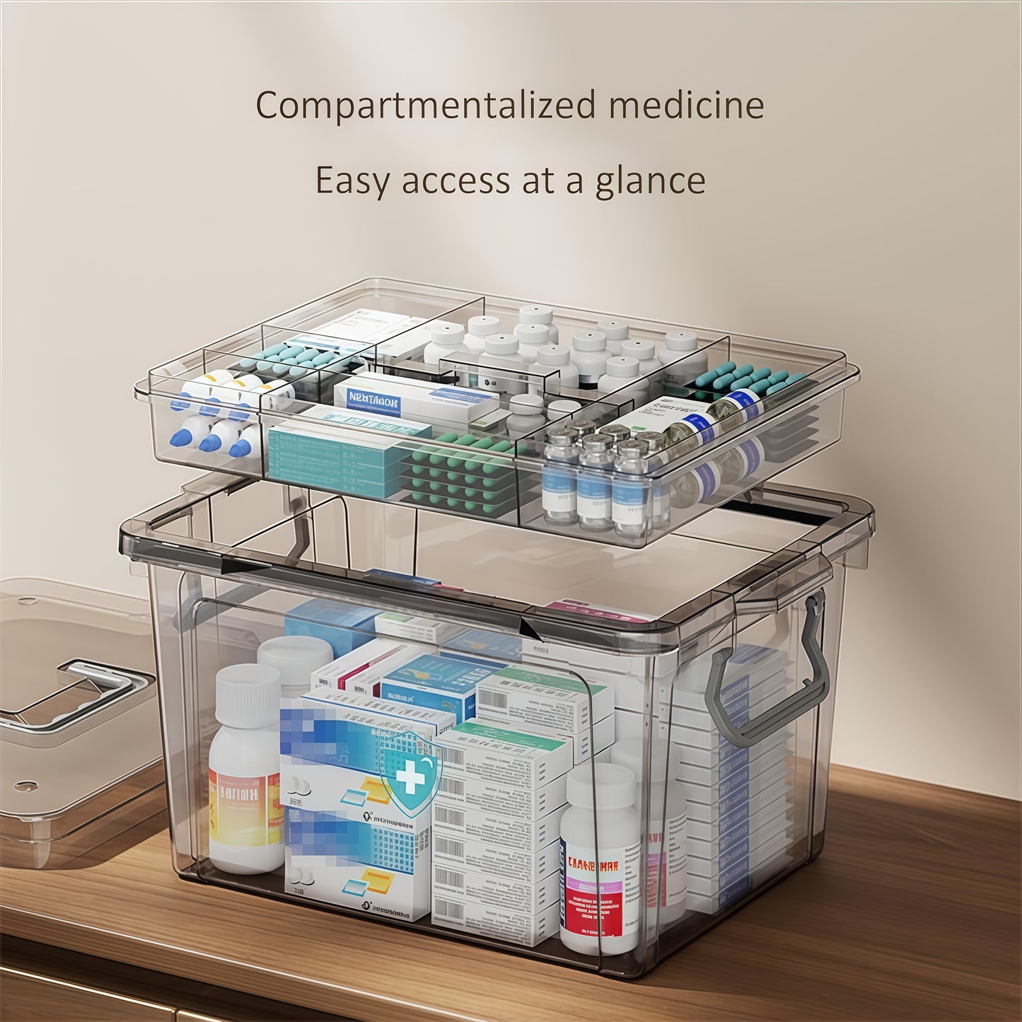 Waterproof double-layer medicine organizer for home first aid supplies.