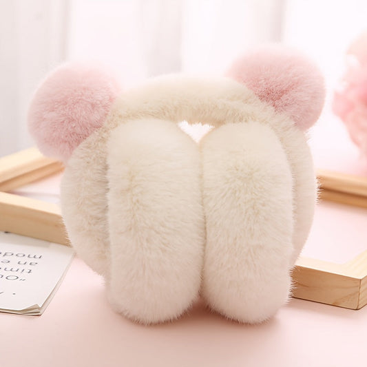 Women's Winter Outdoor Foldable Faux Fur Ear Warmers with Cute Pom Pom Plush Earmuffs in Solid Block Design