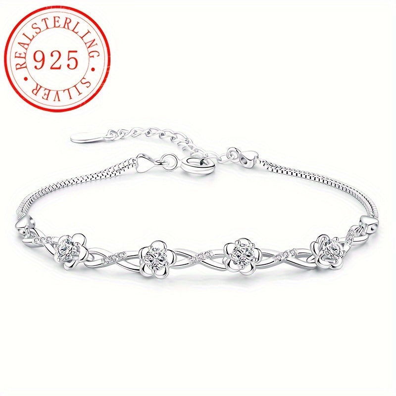 This bracelet is made of high-quality S925 silver, featuring a beautiful peach blossom design with plum blossom decoration and purple zirconia. It is perfect for everyday wear or as a thoughtful gift, weighing 5.2g/0.18oz.