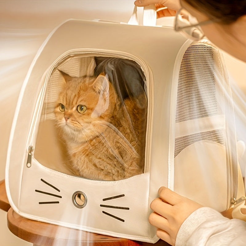 Breathable pet backpack with transparent window, large capacity, scratch-resistant, portable.