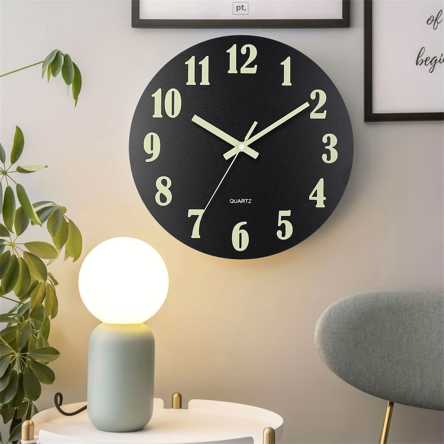 Black glow-in-the-dark wall clock with retro design and silent non-ticking mechanism. Features wooden frame, luminous green numbers for day and night display. Ideal for living room, bedroom, kitchen, or office decor. Batteries not included.