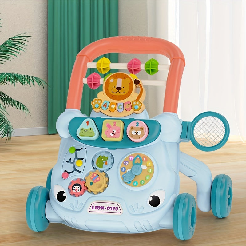 Baby Walker with Educational Panel, made of PVC Material, ideal for Toddlers 18M+. Features Sit-to-Stand design, Interactive Activity Center promoting Shape & Color Recognition, Time & Maze Learning. Suitable for both Boys & Girls.