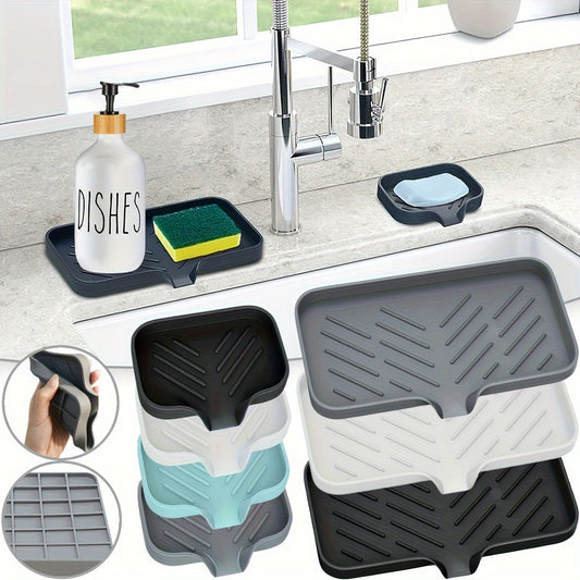 Silicone soap sponge holder for sink with storage tray and dispenser rack. Great for bathroom organization.