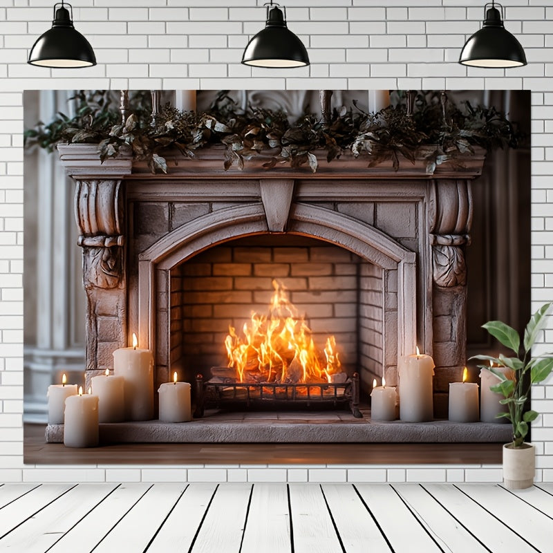 An authentic and inviting fireplace, complete with a backdrop of crackling firewood, perfect for enhancing living spaces, bedrooms, offices, party settings, and as a one-of-a-kind gift option.