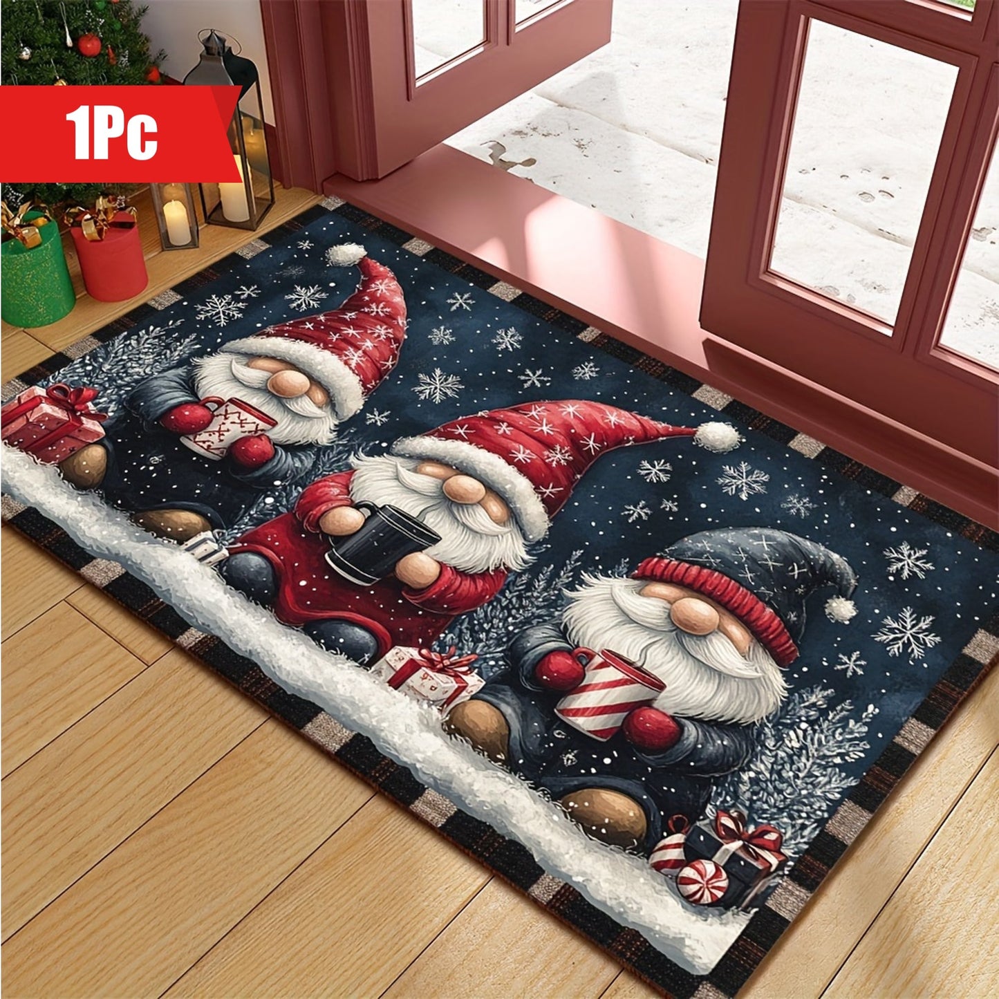 Get into the holiday spirit with the Festive Christmas Gnome Doormat! This non-slip, washable doormat is made of polyester with a rubber backing for durability. Machine-made in a rectangular shape, this welcome mat is perfect for home decor. Lightweight