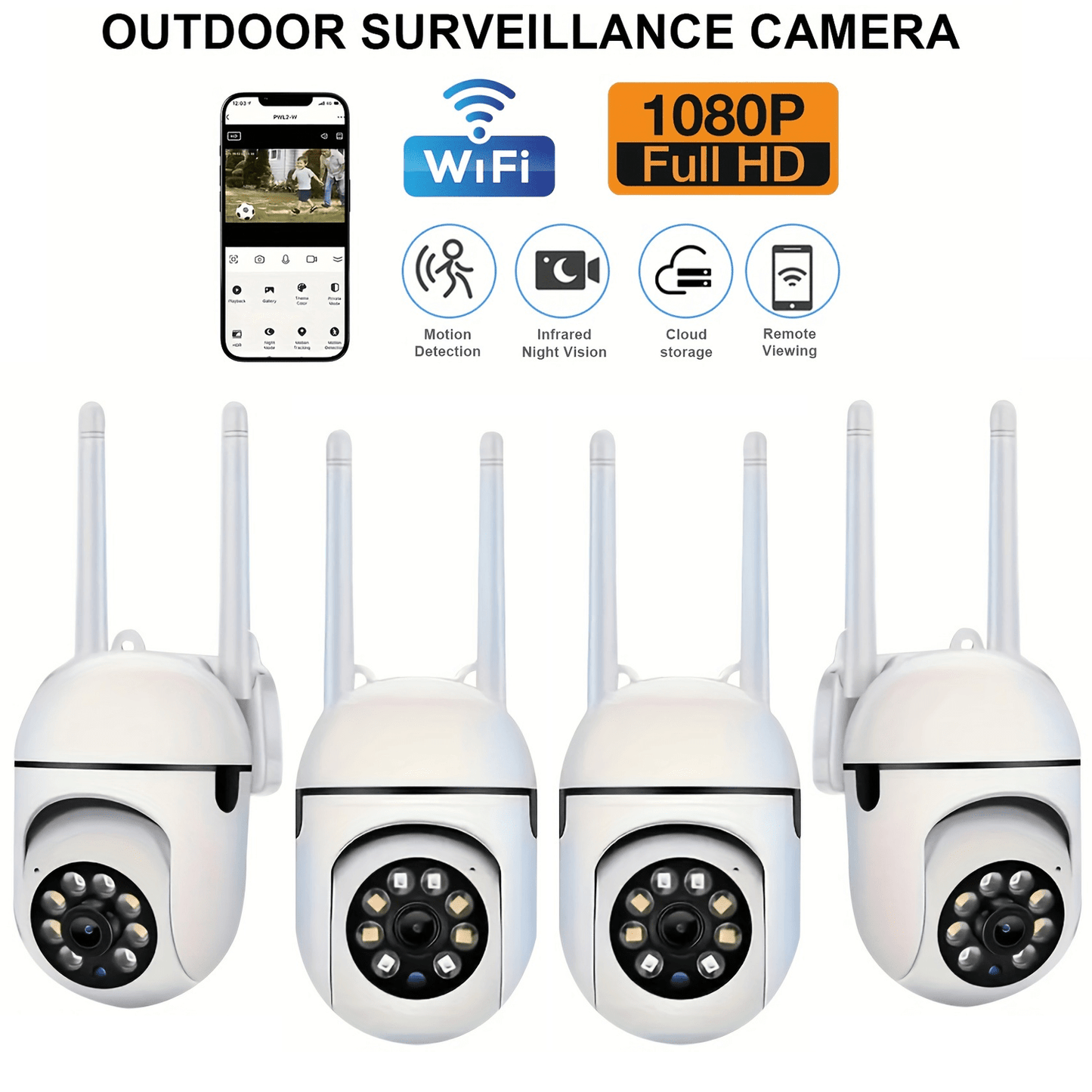 WJG 1080P HD Wireless Security Camera 4-Pack: Features 355° Pan-Tilt, Two-Way Audio, Motion Detection, Auto Tracking, App Control, USB Powered, 2.4GHz WiFi, Smartphone Compatibility. Ideal for Indoor/Outdoor Surveillance.