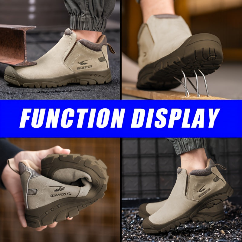 Durable steel toe safety shoes with split cow leather upper, non-slip rubber sole, and shock-absorbing features for industrial work.