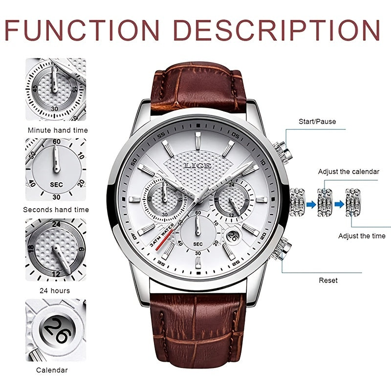 2022 LIGE Top Brand Luxury Casual Leather Quartz Men's Watch for Men - Business Clock with Sporty Chronograph and Date Display