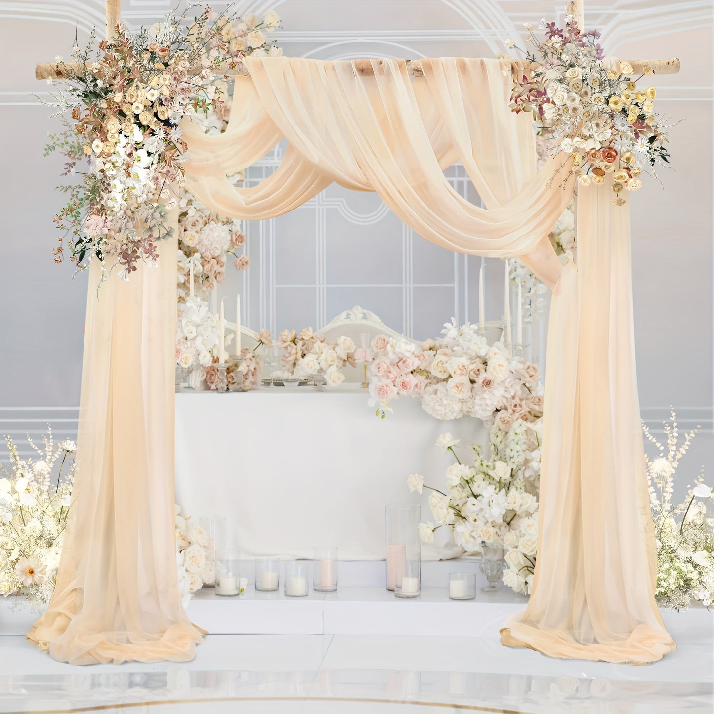 Polyester sheer fabric draping panel for wedding arch, backdrop curtain voile drapery for woodland ceremony, party decor, outdoor reception table runner.