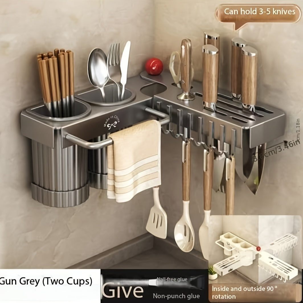 Luxurious Foldable Corner Kitchen Utensil Holder, Upgraded Design with Carbon Steel Material, Wall-Mounted Organizer for Cutlery and Spoons. Includes Drain Storage Cups and Towel Bar, No-Drill Installation option available.