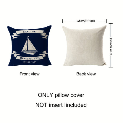 Set of 4 nautical polyester linen pillowcases in blue, featuring sailboats, compasses, and anchors. 18x18 inches, ideal for bedroom decor. Pillow core not included.