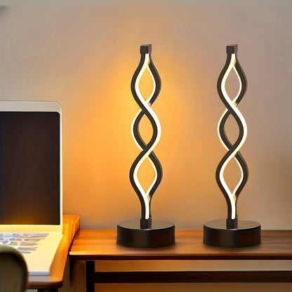 Set of 2 Color Changing Spiral LED Table Lamps with modern design, adjustable color, USB powered, no battery required. Ideal for bedroom, living room, bathroom, fantasy themed home decor.