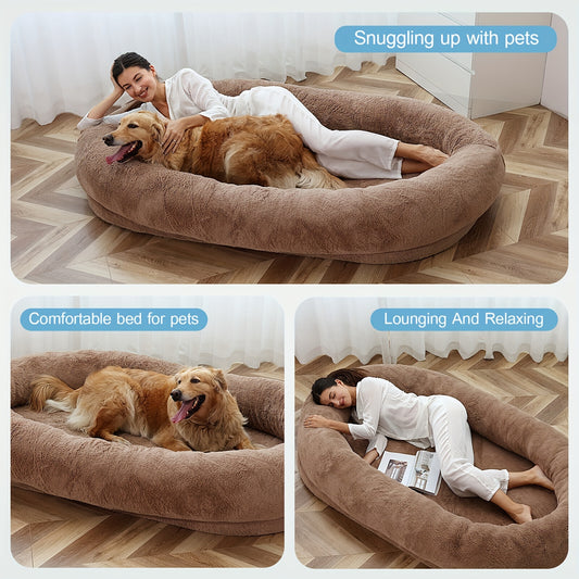 Oversized human & pet bed with memory foam fill and washable cover for medium to large breeds.