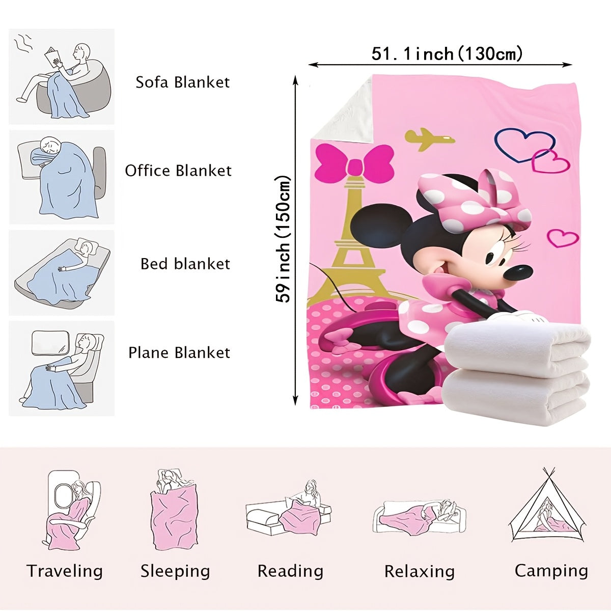 Minnie Mouse Paris Adventure Plush Throw Blanket - Modern Style, Versatile All-Season Knitted Polyester Blanket for Bedroom, Sofa, Bed, Car, Travel - 200-250gsm for Cozy Warmth