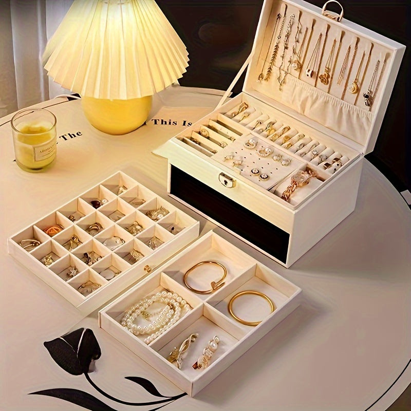 Luxurious leather jewelry box with multiple layers for storing necklaces, earrings, bracelets, watches, and rings; ideal gift for Valentine's Day, Mother's Day, or to give to a girlfriend or partner.