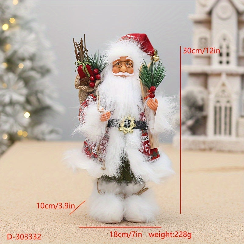 Santa Claus figure decoration with 12-inch height, wearing long fluffy snow boots, perfect for holiday and New Year's decor in homes or businesses.