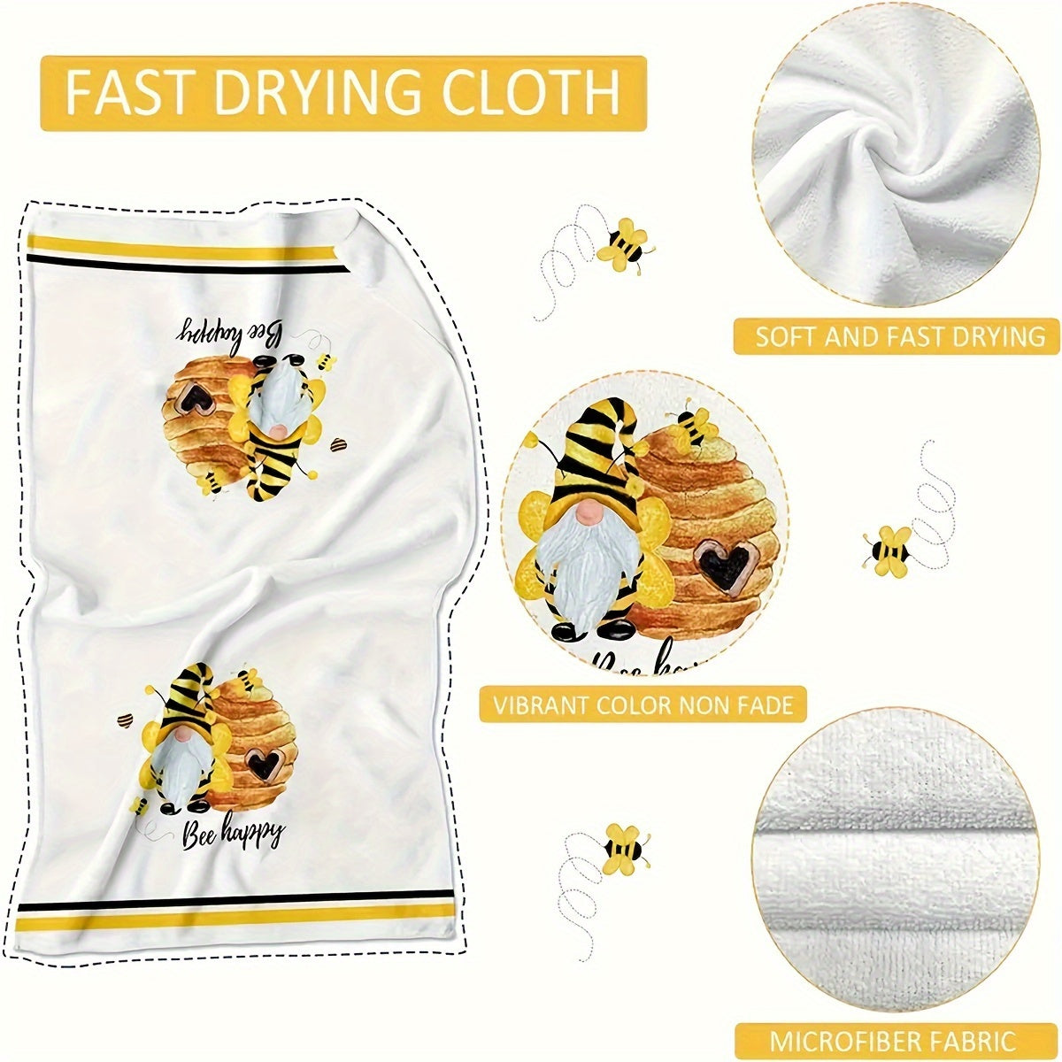 Bee Blessed Gnome Towel Set: Modern, Soft, Quick-Drying Kitchen Towels with High Absorbency