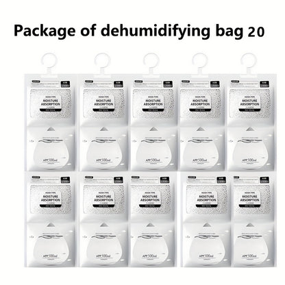 Essential household dehumidifying agents for dormitories and wardrobes, available in packs of 10 or 20 bags.