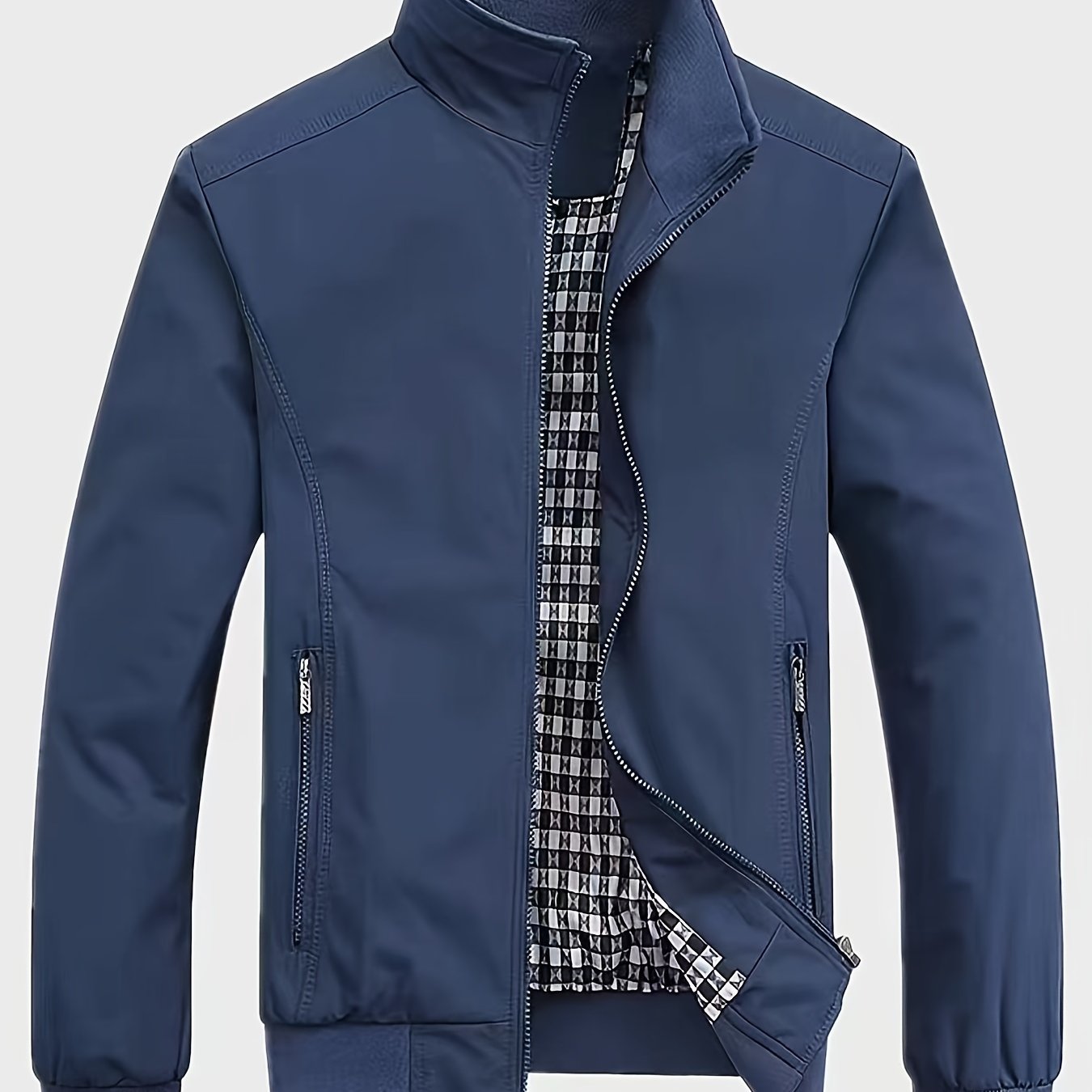 Men's zip-up stand collar coat with zipper pockets, ideal for Spring and Autumn.