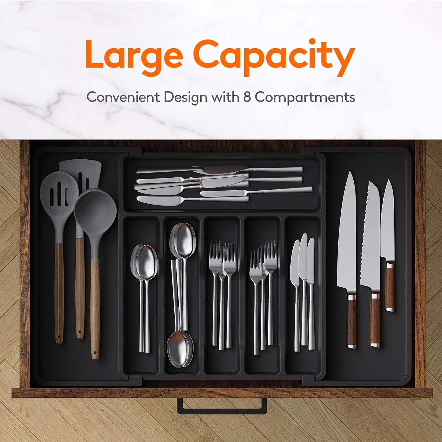 Flatware Organizers with Retractable Cutlery Storage Box - Extendable Large Capacity Utensil Storage Holder for Drawer, Counter, and Cabinet - Kitchen Organizers and Storage Accessories