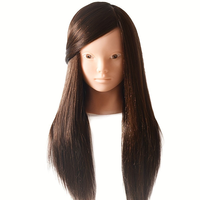 Mannequin head with 85% real human hair for professional hair styling, includes stand for braiding, curling, and perm practice.