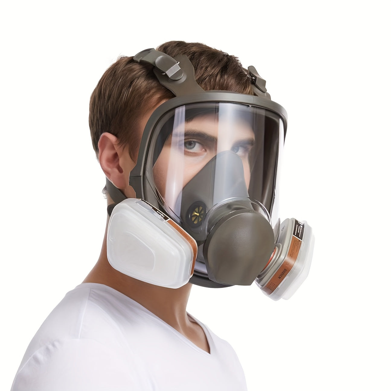 27-in-1 full face respirator mask with silicone and plastic construction, reusable pull-on design, hypoallergenic material for painting, spraying, and chemical safety, providing