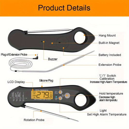 The Multi-Function Kitchen Thermometer features Dual Probes, a Large Backlit Display, and Sound Alarm - ideal for BBQs and Cooking.