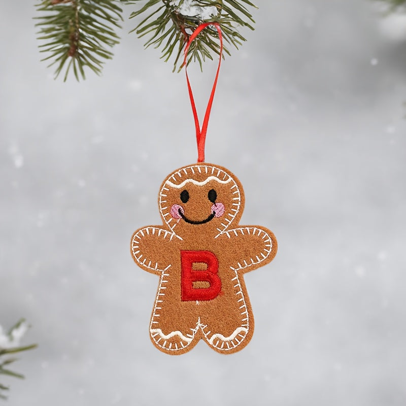 Embroidered gingerbread man ornament for Christmas decoration, made of fabric material. Classic style and no power required. Perfect for home and kitchen use.