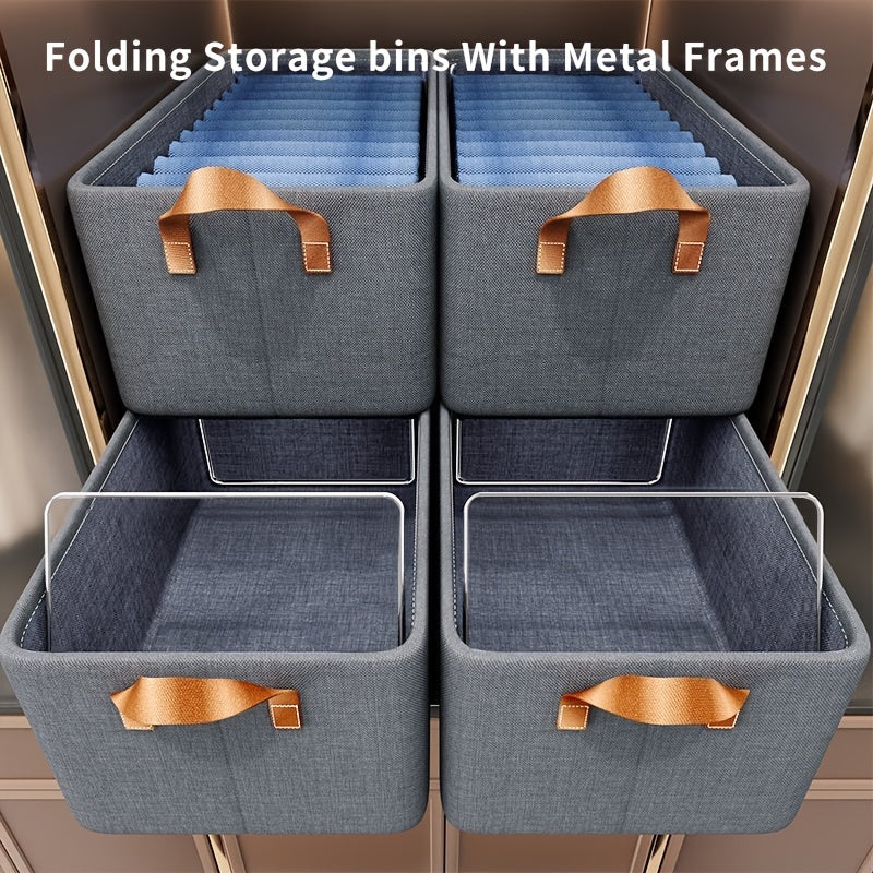 This pair of collapsible fabric storage containers includes metal frames and is specially designed for storing clothing. With convenient handles, they are spacious enough to hold clothes or toys, making them perfect for organizing household spaces such