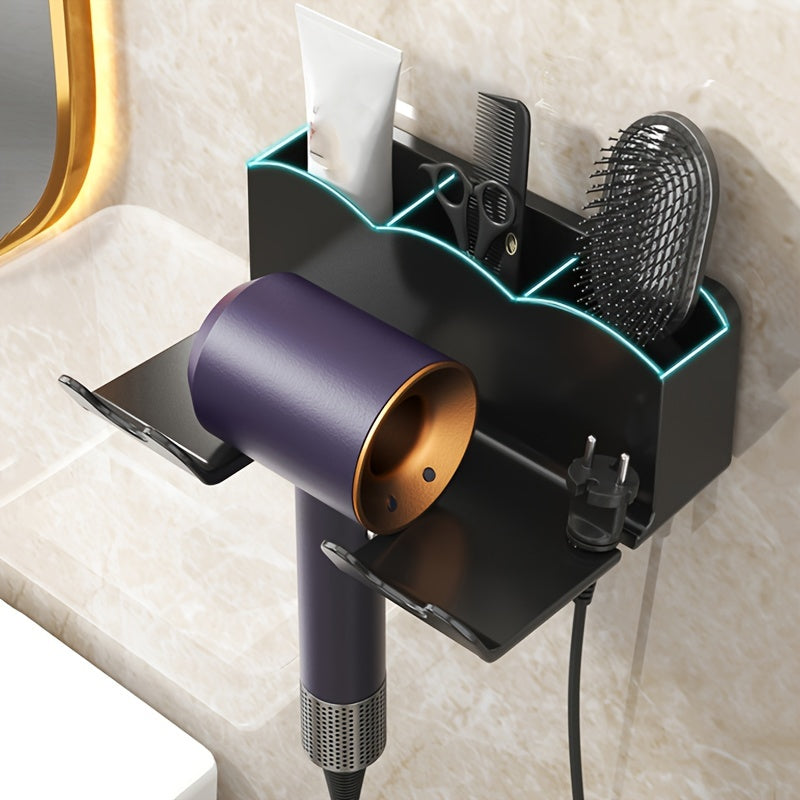 Wall-mounted hair dryer and phone holder with no-drill installation, stylish bathroom organizer.